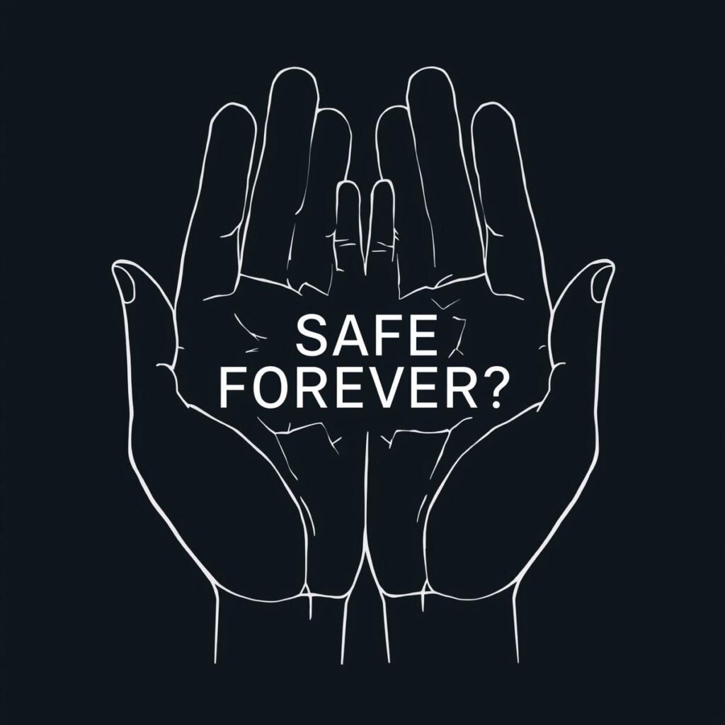 A clean, minimalist graphic design. A solid dark background. In the center, two large, open hands made of line art