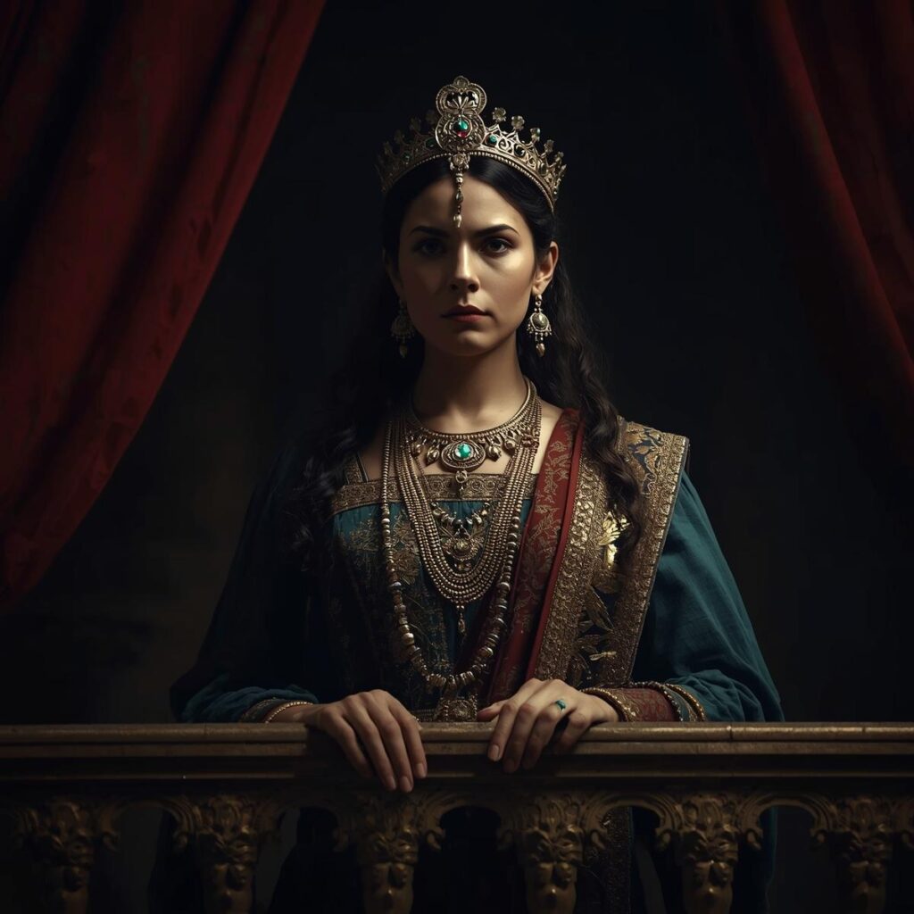 A dramatic historical cinematic scene of a ancient Middle Eastern queen Jezebel looking out from a palace balcony with a cr