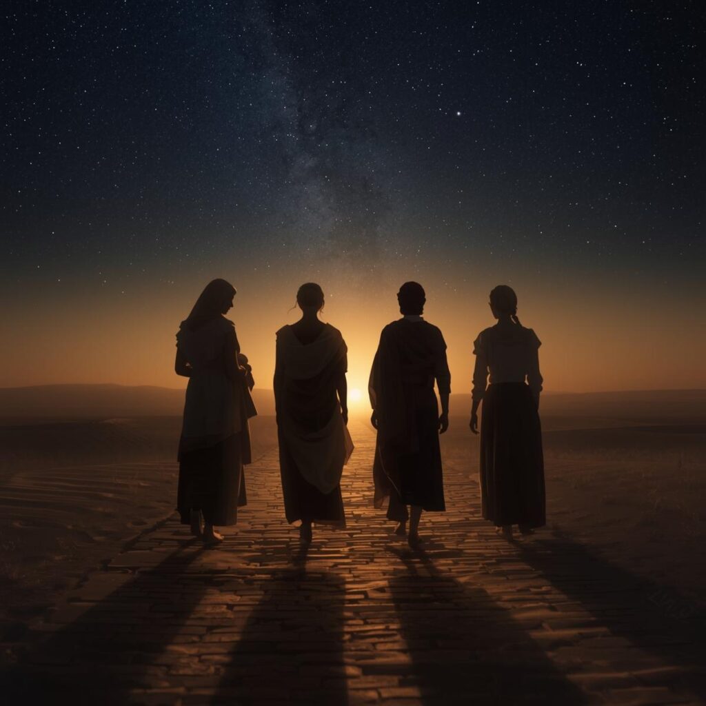 A stunning soft focus digital painting. In the foreground the backs of several women from diffe