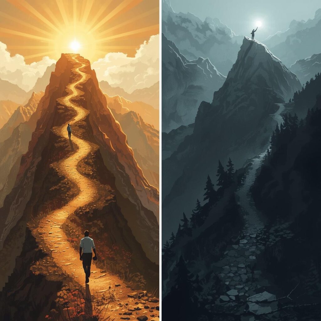 OSAS: Once Saved, Always Saved 3 A symbolic illustration split into two scenes. On the left a narrow path leading up a mountain towar