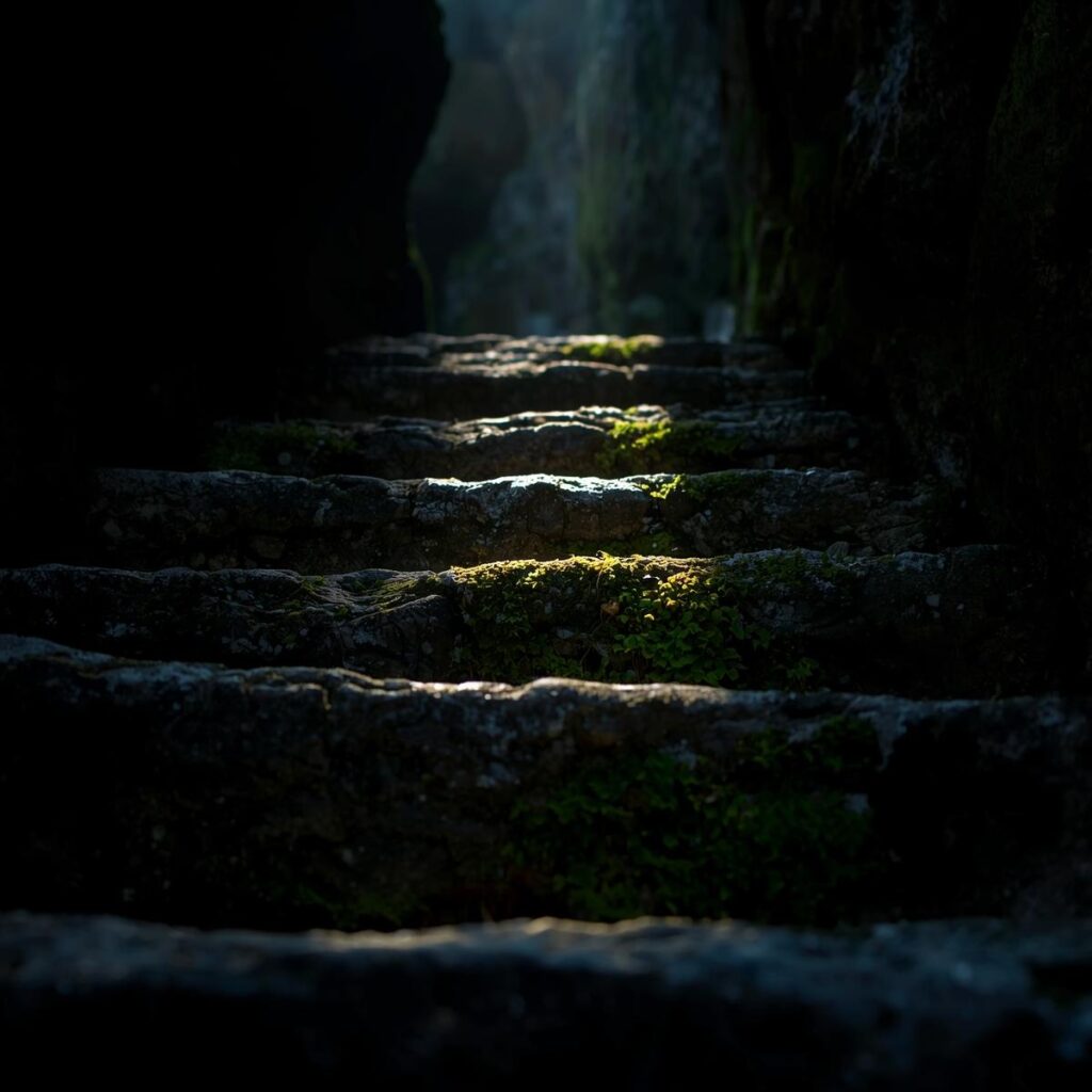 Crossing Your Kidron Valley 3 Close up of ancient stone steps leading down into a shadowy valley. Moss grows between the stones. One step is illumi