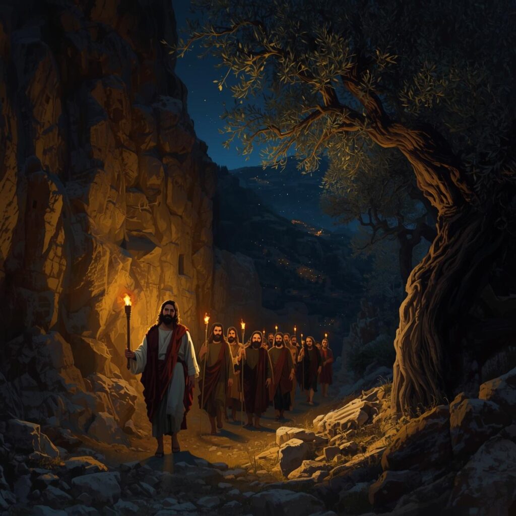 Crossing Your Kidron Valley 2 Jesus and his disciples walking through the ancient Kidron Valley at night. Torchlight flickers on their faces casting long shado 2