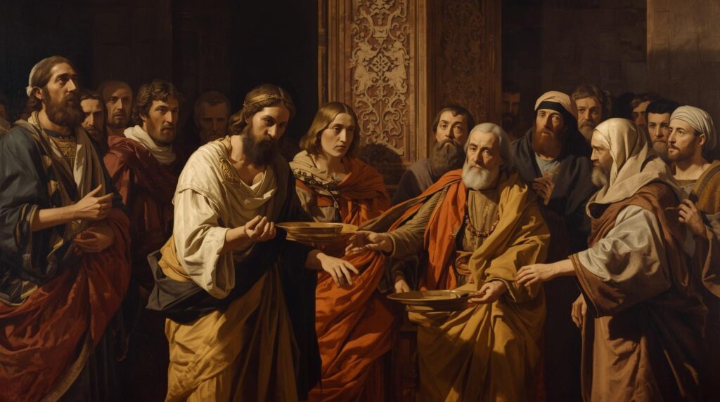 Judas betraying Jesus Christ's in the temple to the chief priests give a biblically accurate image