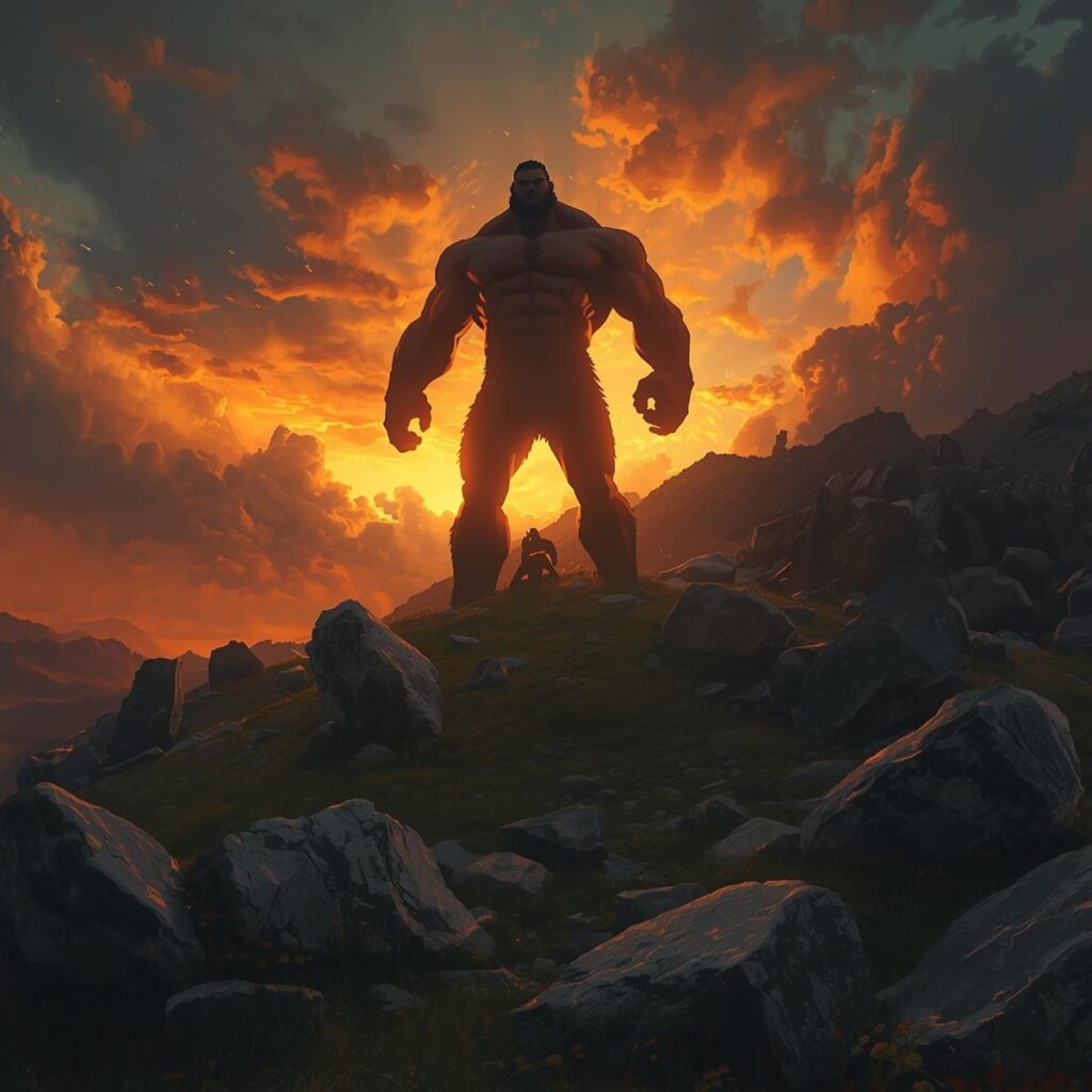 Who Are the Nephilim? 2 Tall powerful giants standing on a hill at sunset strange light coming from behind them ancient world large stones scattered around 1