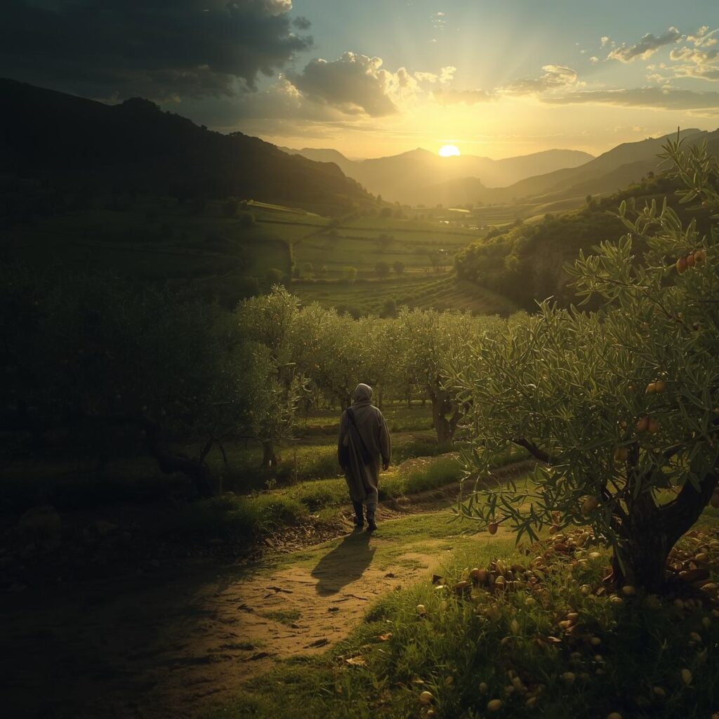 Crossing Your Kidron Valley 4 The same lone figure from the first image now emerging from the valley into a garden. The transition is gradu