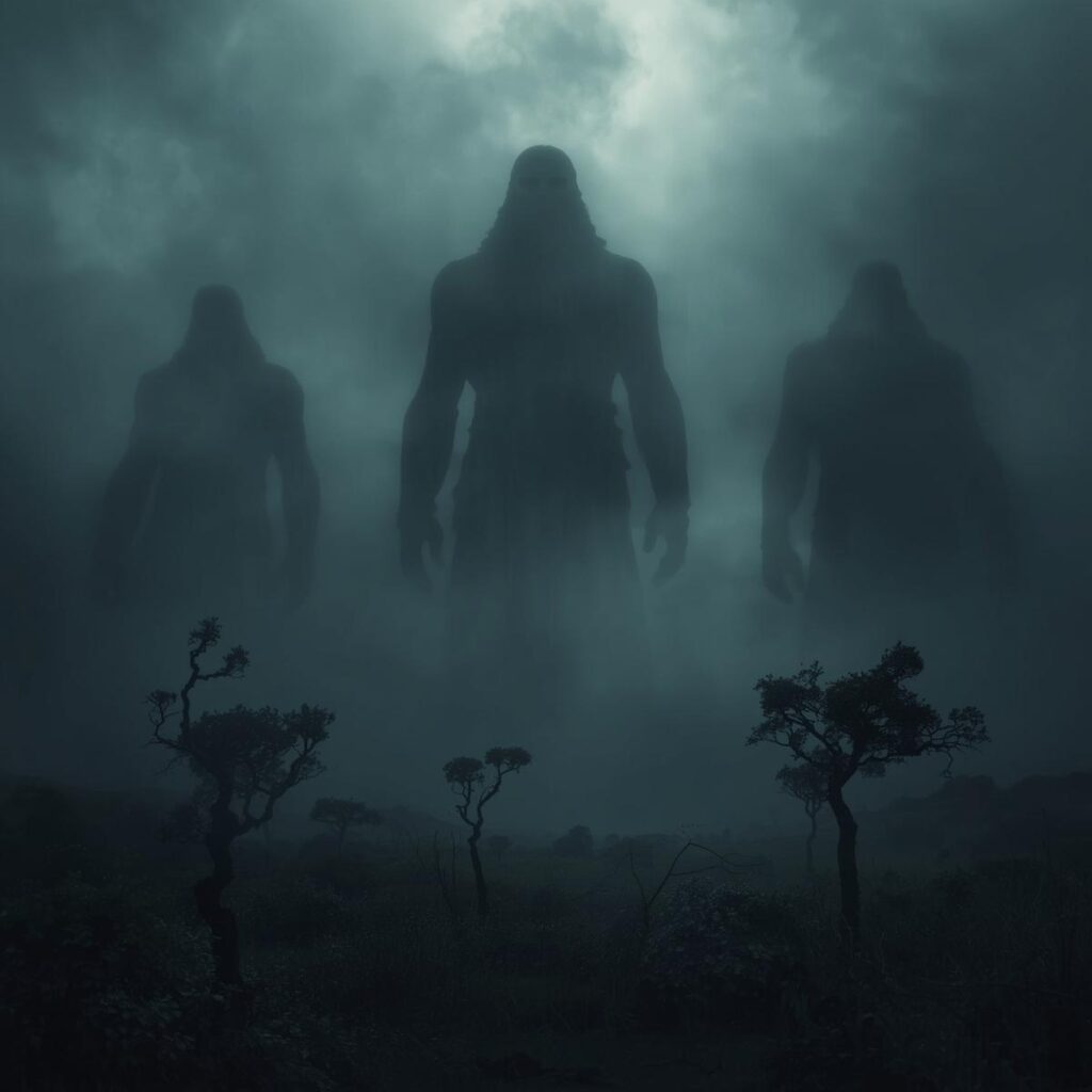 _Three massive shadowy giant figures standing far away in thick fog, ancient landscape before the flood, moody dark atmosph
