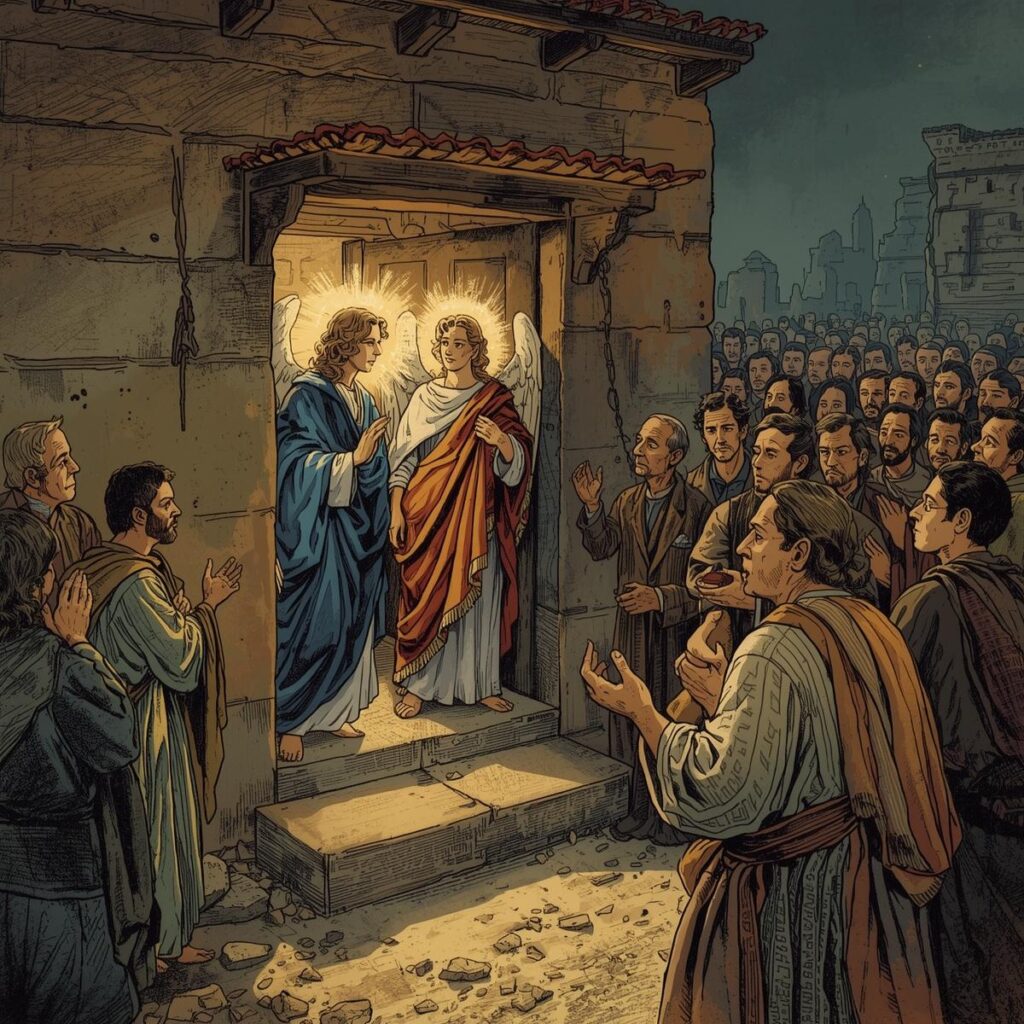 depictWhen two angels came to visit Lot all the men of the city surrounded his house. in the bible