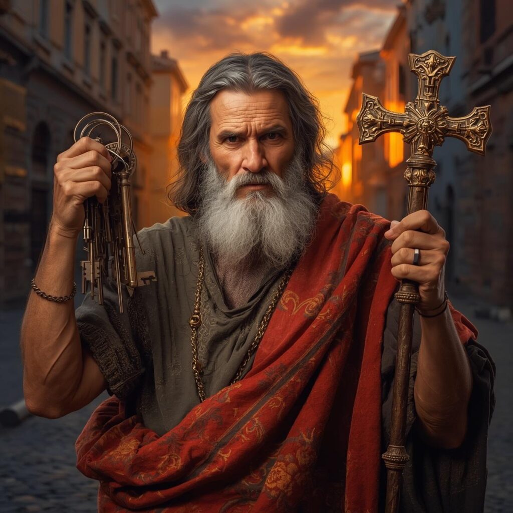 The Apostles of Jesus: How Each Died and Where They Are Buried 2 A bearded older man with strong arms and tired eyes holding large keys in one hand and an upside down cross in the other. He stands in a Roman street at