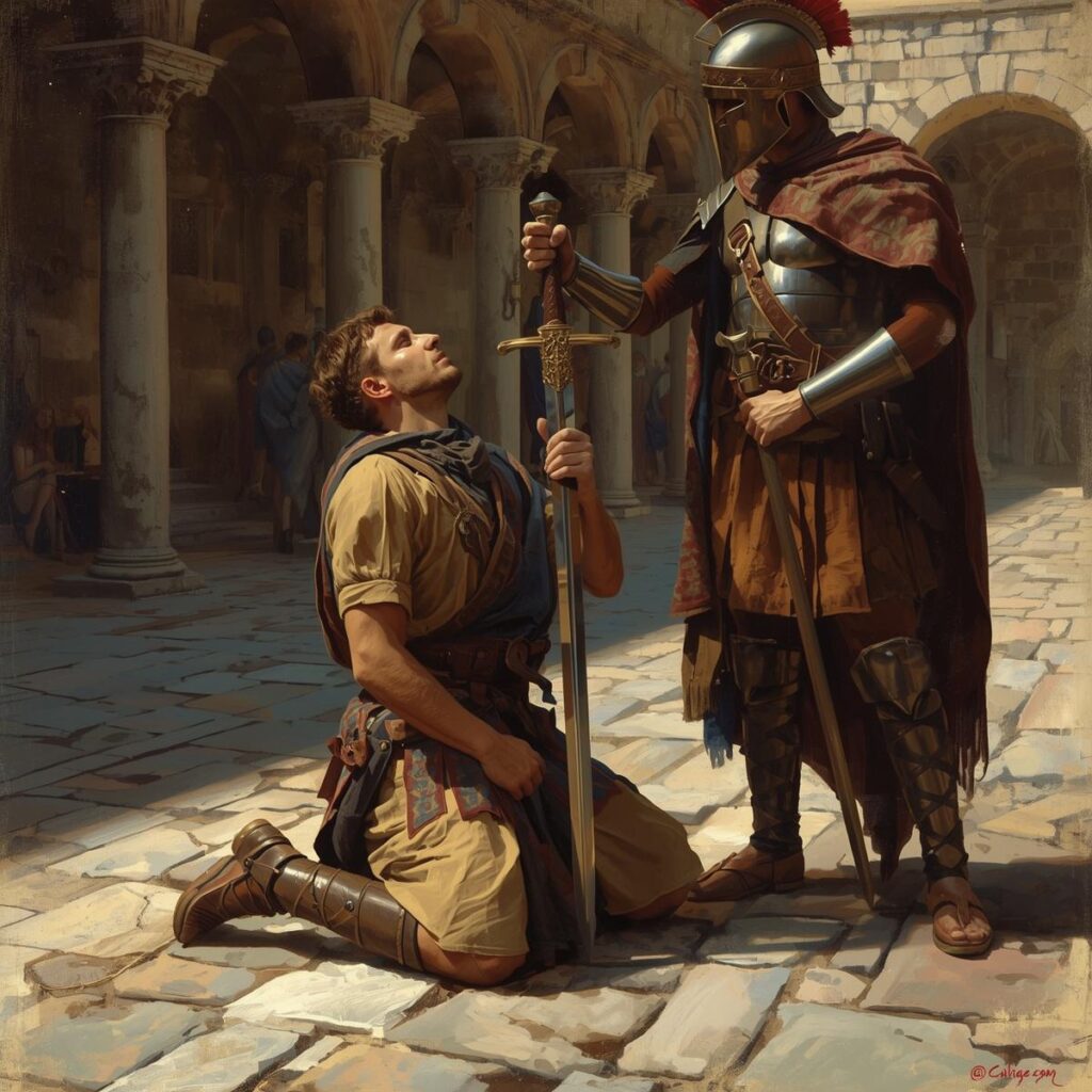 The Apostles of Jesus: How Each Died and Where They Are Buried 4 A kneeling man with a sword being lowered by a Roman soldier. The man looks upward with calm eyes. Courtyard of an ancient stone building