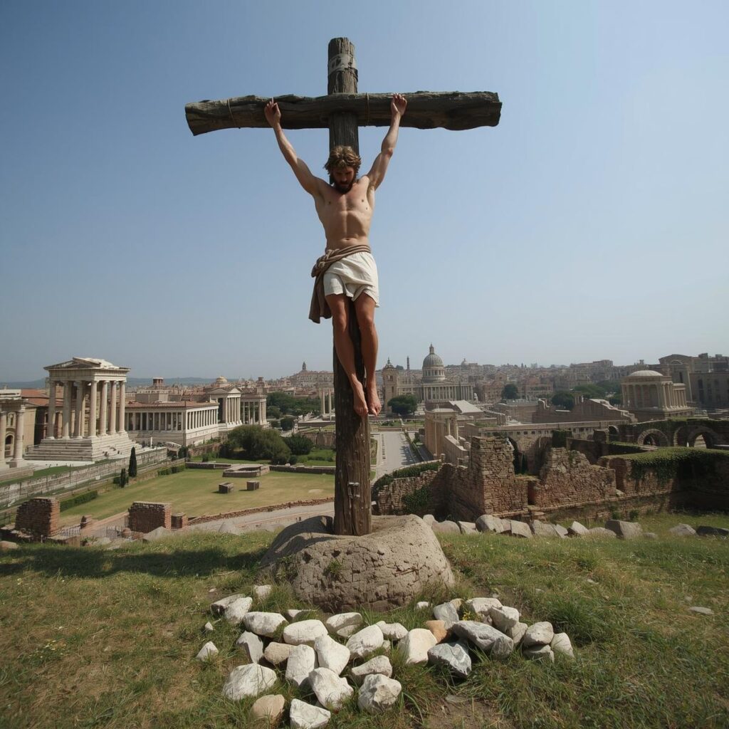The Apostles of Jesus: How Each Died and Where They Are Buried 6 A man hanging upside down from a low cross. He looks at the ground where stones lie. Behind him is a Roman city with columns