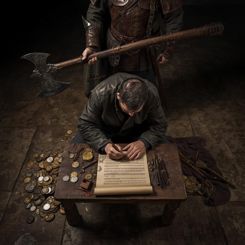 The Apostles of Jesus: How Each Died and Where They Are Buried 8 A man sitting at a low table with coins spilled. A soldier stands behind him holding a long axe. The man is writing final words on a scroll