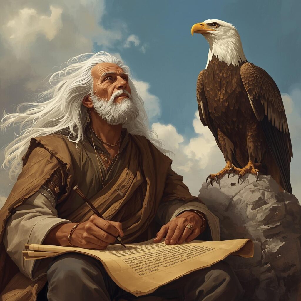The Apostles of Jesus: How Each Died and Where They Are Buried 5 A very old white haired man with a gentle face writing on a scroll. An eagle sits on a rock beside him. He looks at the sky with wonder. 1