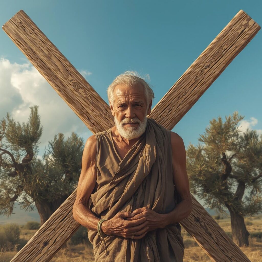 The Apostles of Jesus: How Each Died and Where They Are Buried 3 An elderly man tied to an X shaped wooden cross against a bright Greek sky. His face is peaceful not in pain. Olive trees in the background